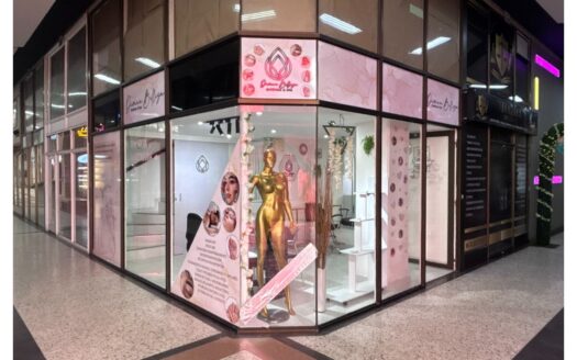 Beauty salon storefront in a mall: glass walls with pink decor, a gold mannequin in the window, and promotional posters nearby.