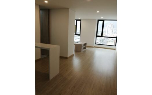Empty modern living space with light wood flooring, partial white counter, and large city-view windows letting in daylight.
