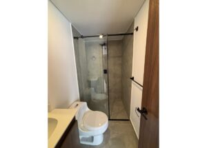 Small modern bathroom with a glass shower enclosure, toilet, and vanity.