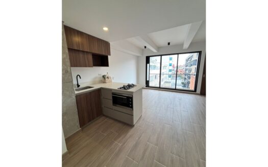 Modern open-plan kitchen with dark wood cabinets, white countertop, and built-in oven beside a large windowed living area.
