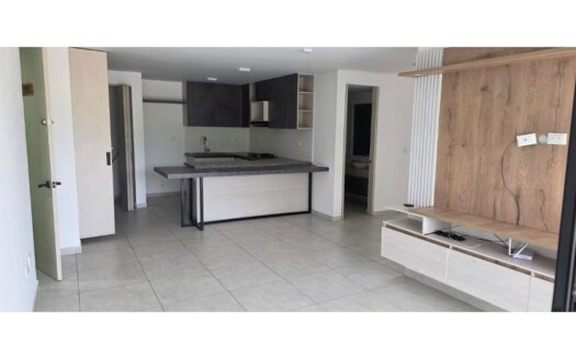 Open-plan living area with a kitchen island, gray cabinetry, and a wood-panel entertainment wall on the right.