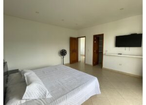 Bedroom with a large bed covered in a white quilt, two pillows, and a standing fan against the wall.