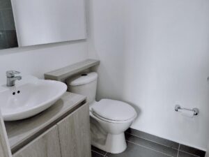 Modern bathroom with round white vessel sink on a light wood vanity, mirrored cabinet above, and a nearby white toilet.