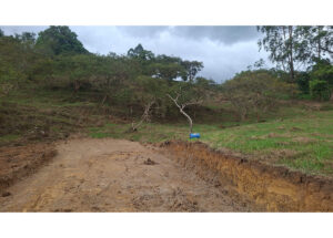 Unpaved dirt road with a deep trench along the edge, grassy field, and leafless trees under a cloudy sky.