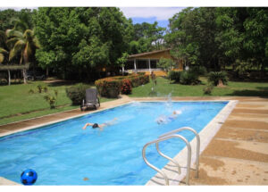 Two people swim in a rectangular outdoor pool, with a blue ball on the deck and a lush garden with a yellow house in the background.