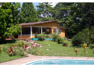 Yellow single-story house with a covered front porch, surrounded by a lush garden and a rectangular pool in the foreground.