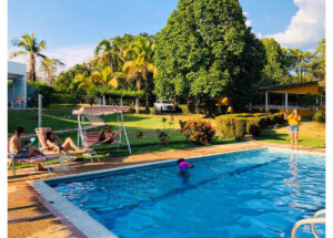 People relaxing by a rectangular swimming pool: three loungers with sunbathers, a man on a swing chair, and a woman standing at the pool edge taking photos; lush tropical trees and a yellow building in the background.