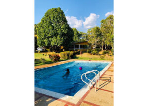 Backyard swimming pool with a swimmer and a pink ball, surrounded by trees and a yellow house in the background on a sunny day.
