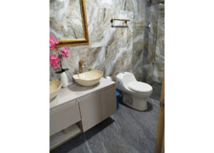 Modern bathroom with marble walls, a gold-framed mirror, double vessel sinks, and a white toilet.