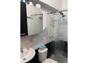 Small bathroom with sink, wall cabinet, and toilet; glass shower enclosure on the right with a towel hanging on the rail and a shelf inside the shower area.