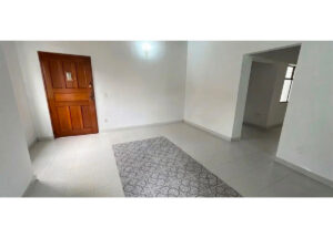 Empty white room with a brown wooden front door on the left, gray tiled floor, and a patterned rug running toward the center.