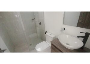 Contemporary bathroom with glass shower enclosure, white toilet, and round white vessel sink on a wooden vanity.