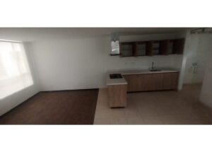 Empty kitchen with wooden cabinets, island stove, range hood, and sink along the wall.