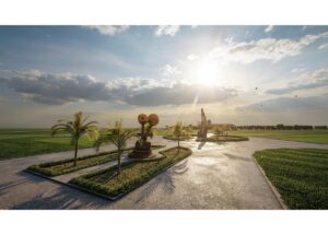 Sunlit park with palm trees and a central sculpture on a circular island, long shadows on a paved path.