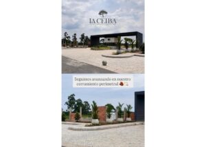 Entrance to La Ceiba Condominio Campestre with a modern black gate and landscaped circular plant bed, under a cloudy sky.
