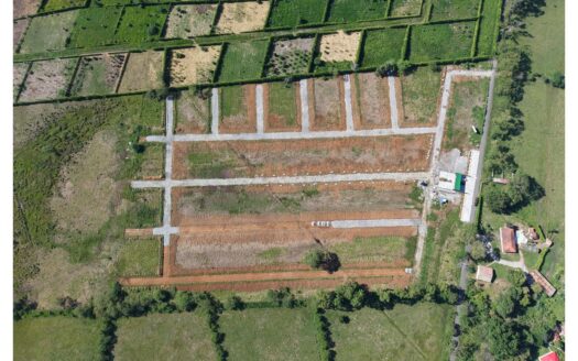 Aerial view of rectangular agricultural plots with gravel roads and a cluster of buildings on the right side of the field.