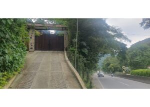 Gated concrete driveway leading up to a wooden gate, flanked by dense greenery on a hillside next to a busy road.