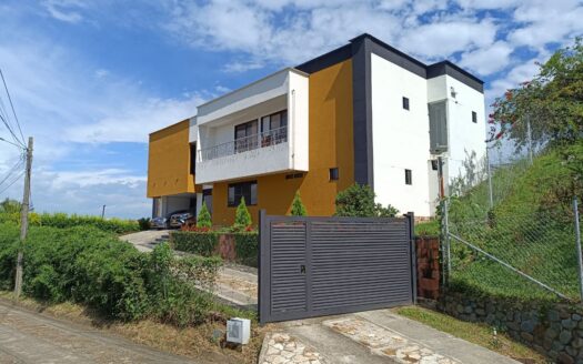 Modern two-story house with mustard and white exterior, grey gate, and landscaped driveway under a blue sky