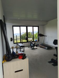 Home gym with treadmill, stationary bike, weight bench, and free weights near a large window overlooking a hillside. A cabinet with gym accessories sits in the foreground.