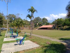 Outdoor park scene with blue and green exercise machines on concrete pads along a path, palm trees, and a grassy field under a clear blue sky with a red-roofed pavilion in the distance.