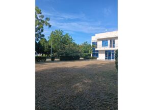 White two-story building with blue-tinted windows on the right, bordered by a dry grassy yard and trees under a clear blue sky.